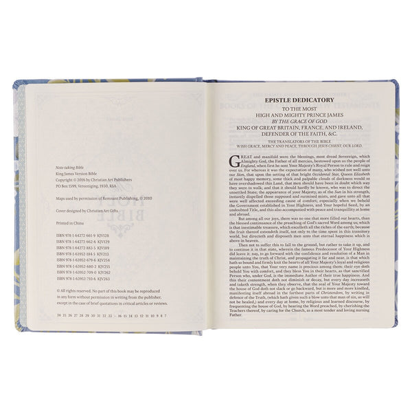 Blue Floral Hardcover Flora Collection Faux Leather King James Version Note-taking Bible - Colossians 3:2