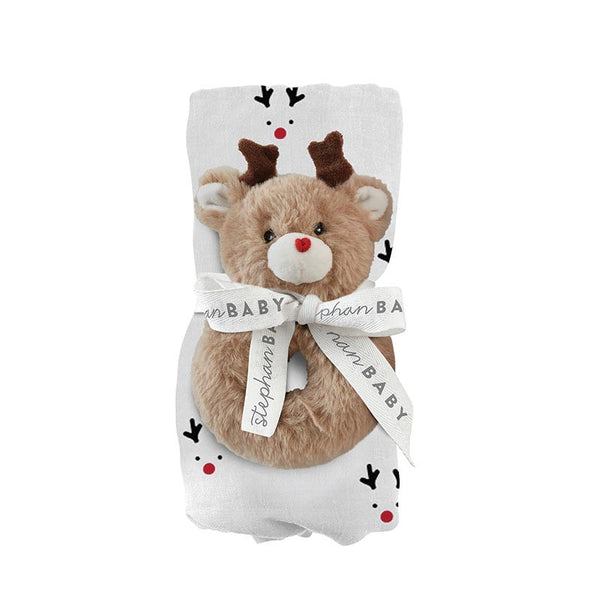 Swaddle Blanket + Plush Rattle - Reindeer