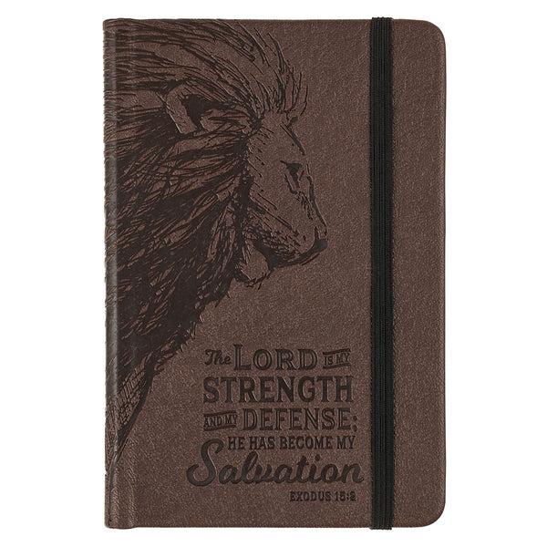 Strength and Defense Lion Walnut-Brown Faux Leather Hardcover Notebook with Elastic Band Closure - Exodus 15:2