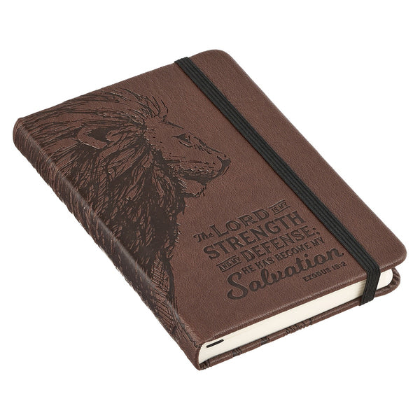 Strength and Defense Lion Walnut-Brown Faux Leather Hardcover Notebook with Elastic Band Closure - Exodus 15:2