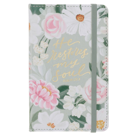 He Restores My Soul Green Floral Faux Leather Hardcover Notebook with Elastic Closure - Psalm 23:3