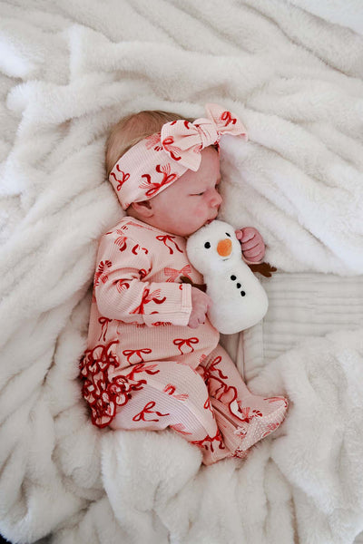 Caden Lane | Christmas Bamboo Waffle Ruffle Zipper Footie - Peppermint Bows