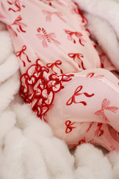 Caden Lane | Christmas Bamboo Waffle Ruffle Zipper Footie - Peppermint Bows