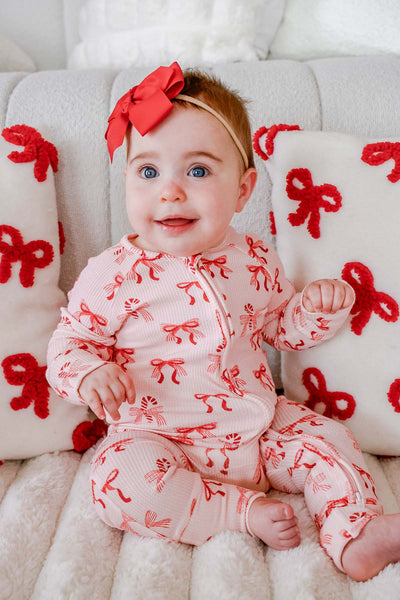 Caden Lane | Christmas Bamboo Waffle Convertible Zipper Romper - Peppermint Bows