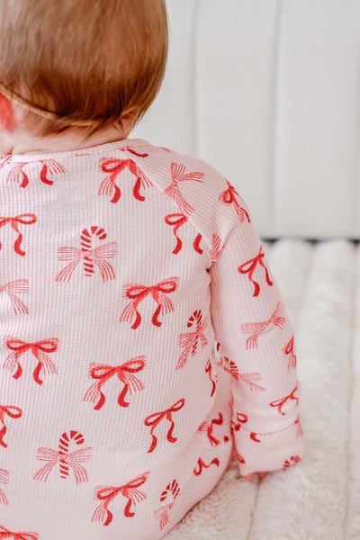 Caden Lane | Christmas Bamboo Waffle Convertible Zipper Romper - Peppermint Bows