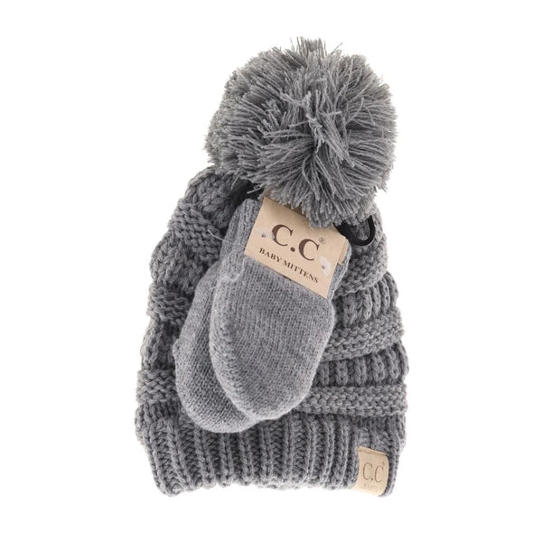 BABY Solid Knit Pom C.C Beanie with Mitten SET