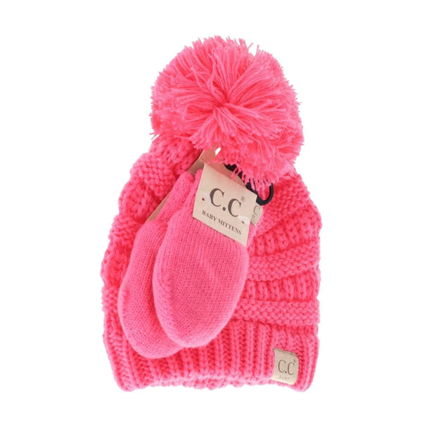 BABY Solid Knit Pom C.C Beanie with Mitten SET