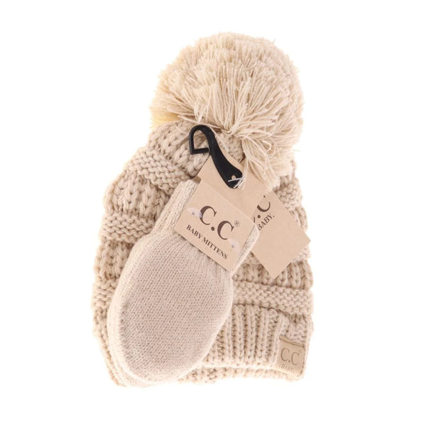 BABY Solid Knit Pom C.C Beanie with Mitten SET