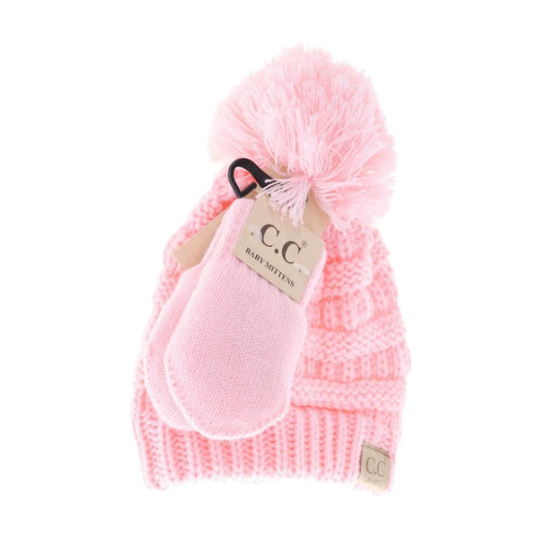 BABY Solid Knit Pom C.C Beanie with Mitten SET