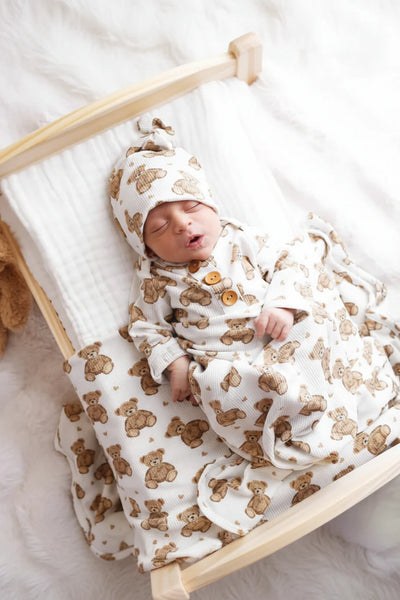 Caden Lane | Beary Sweet Bamboo Waffle Newborn Baby Knot Gown & Hat Set