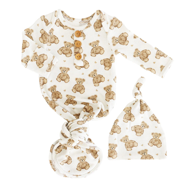 Caden Lane | Beary Sweet Bamboo Waffle Newborn Baby Knot Gown & Hat Set