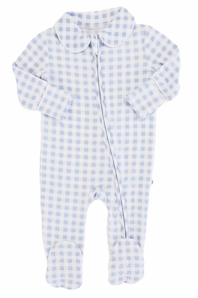 Caden Lane | Peter Pan Collar Zipper Footie - Dusty Blue Gingham