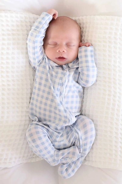 Caden Lane | Peter Pan Collar Zipper Footie - Dusty Blue Gingham