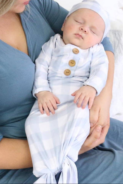 Caden Lane | Dusty Blue Gingham Newborn Baby Knot Gown & Hat Set