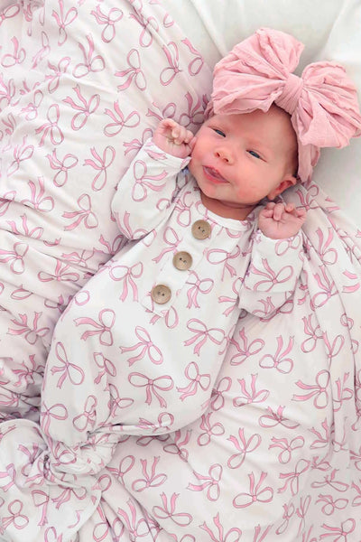 Caden Lane | Blushing Bows Newborn Baby Knot Gown & Hat Set