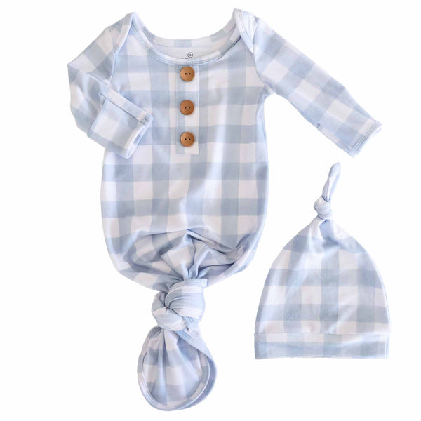 Caden Lane | Dusty Blue Gingham Newborn Baby Knot Gown & Hat Set