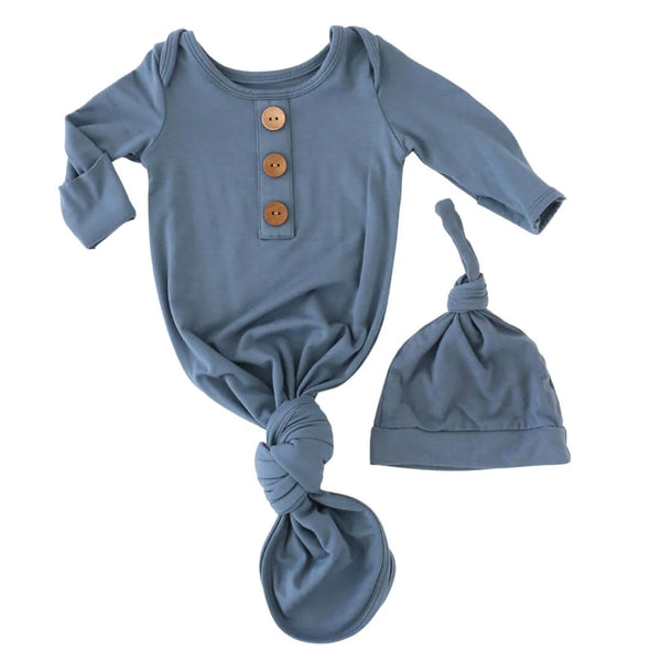 Caden Lane | Solid Dusty Blue Bamboo Newborn Baby Knot Gown & Hat