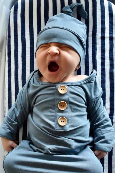 Caden Lane | Solid Dusty Blue Bamboo Newborn Baby Knot Gown & Hat