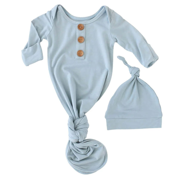 Caden Lane | Solid Light Dusty Blue Bamboo Newborn Baby Knot Gown & Hat