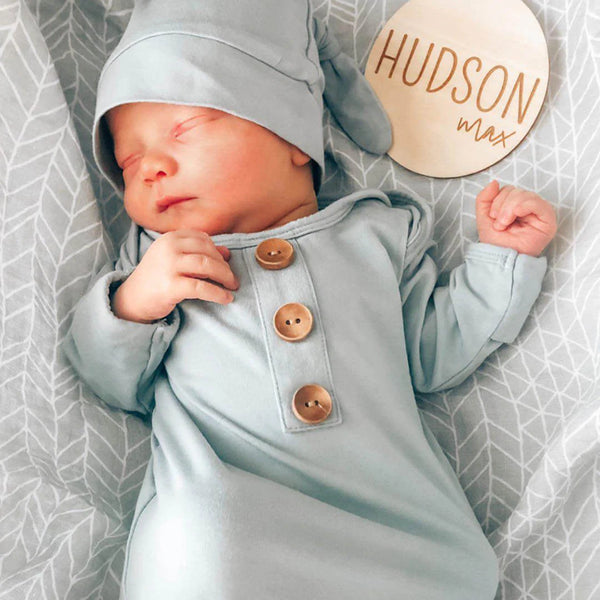 Caden Lane | Solid Light Dusty Blue Bamboo Newborn Baby Knot Gown & Hat