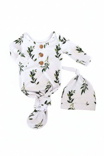 Caden Lane | Olive Leaf Newborn Baby Knot Gown & Hat Set