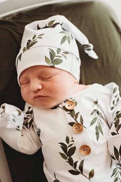 Caden Lane | Olive Leaf Newborn Baby Knot Gown & Hat Set