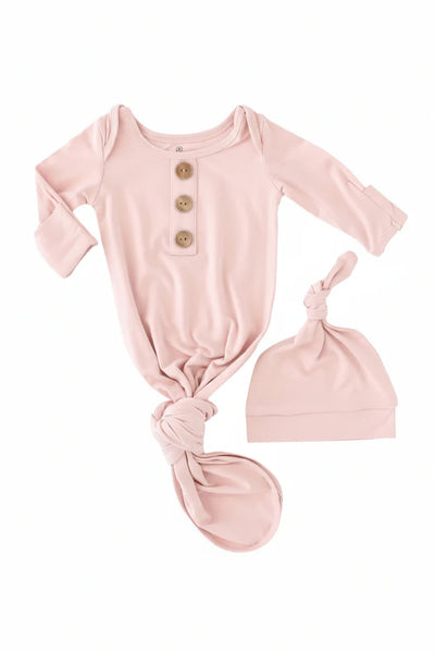 Caden Lane | Solid Petal Pink Bamboo Newborn Baby Knot Gown & Hat
