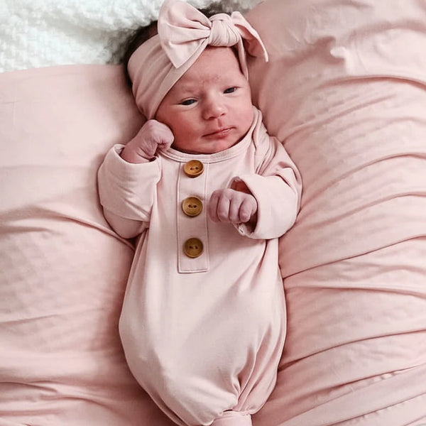 Caden Lane | Solid Petal Pink Bamboo Newborn Baby Knot Gown & Hat