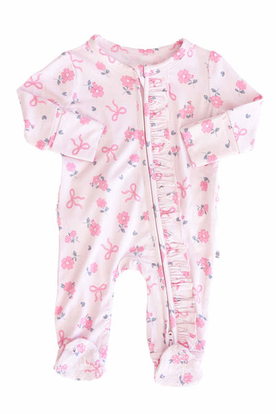 Caden Lane | Ribbon & Roses Ruffle Zipper Footie - Pink