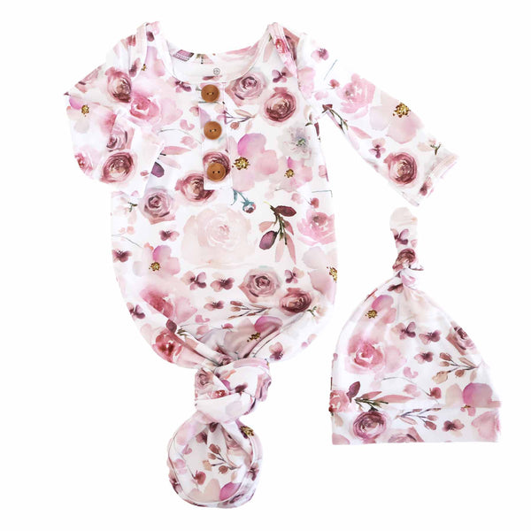 Caden Lane | Rosie's Rose Garden Newborn Baby Knot Gown & Hat Set
