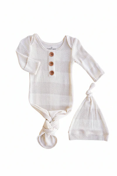 Caden Lane | Big Check Bamboo Waffle Newborn Baby Knot Gown & Hat Set - Sand