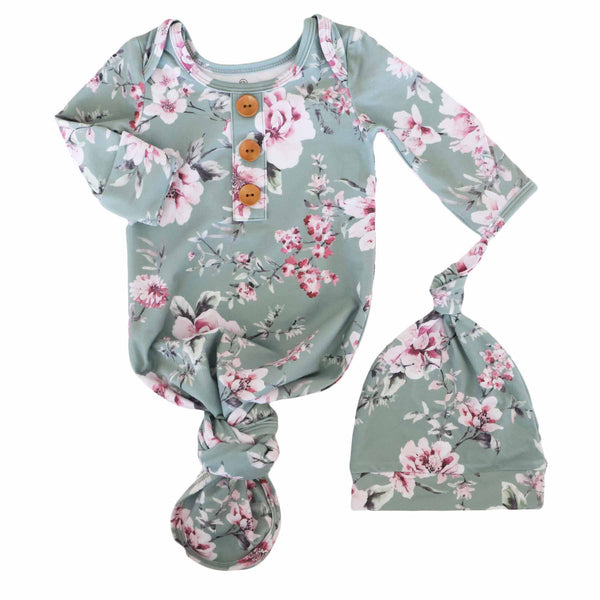 Caden Lane | Saylor's Sage & Blush Floral Newborn Baby Knot Gown & Hat Set