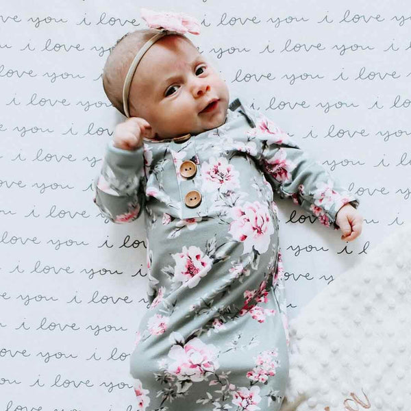 Caden Lane | Saylor's Sage & Blush Floral Newborn Baby Knot Gown & Hat Set